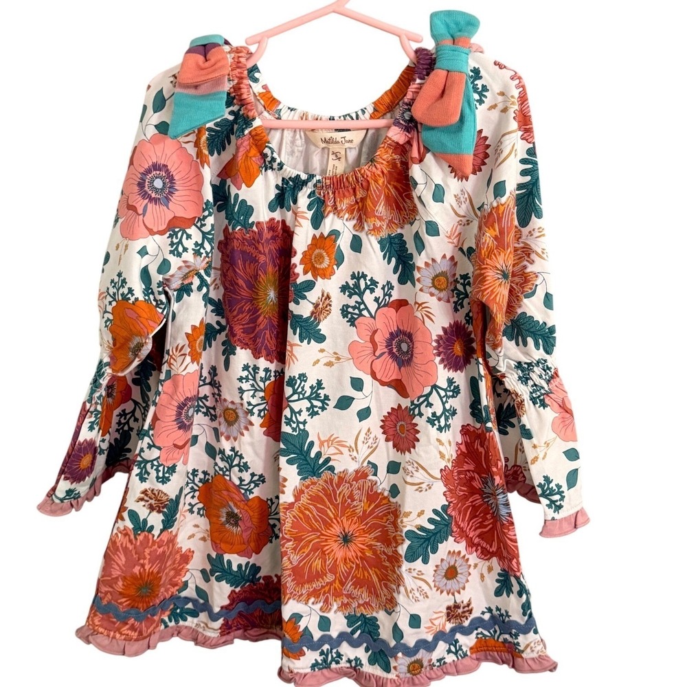 Matilda Jane Girls‎ Floral Dress Size 8 Orange Pink White Long Sleeve Bows